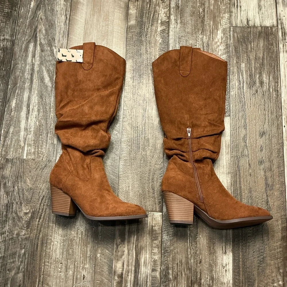 Women's Slouchy Mid-Calf Tan Faux Suede Boot Size 7